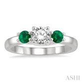 3.50 MM Round Shape Emerald and 3/8 ctw Past, Present and Future Round Cut Diamond Precious Ring in 14K White Gold
